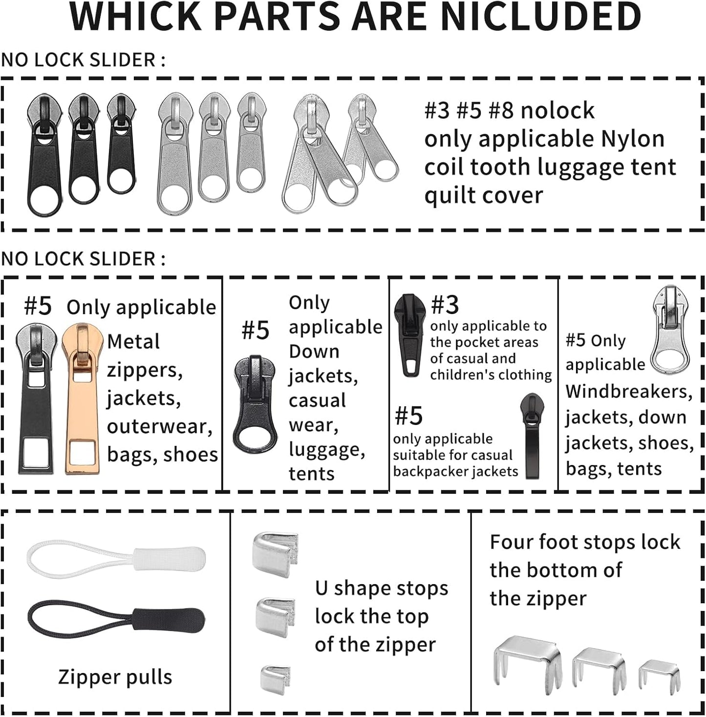 JEXZON Zipper Repair Kit (380 Pieces), #3#5#8 Zipper Slider Replacement for Clothing, Jackets, Boots, Purses, Backpacks
