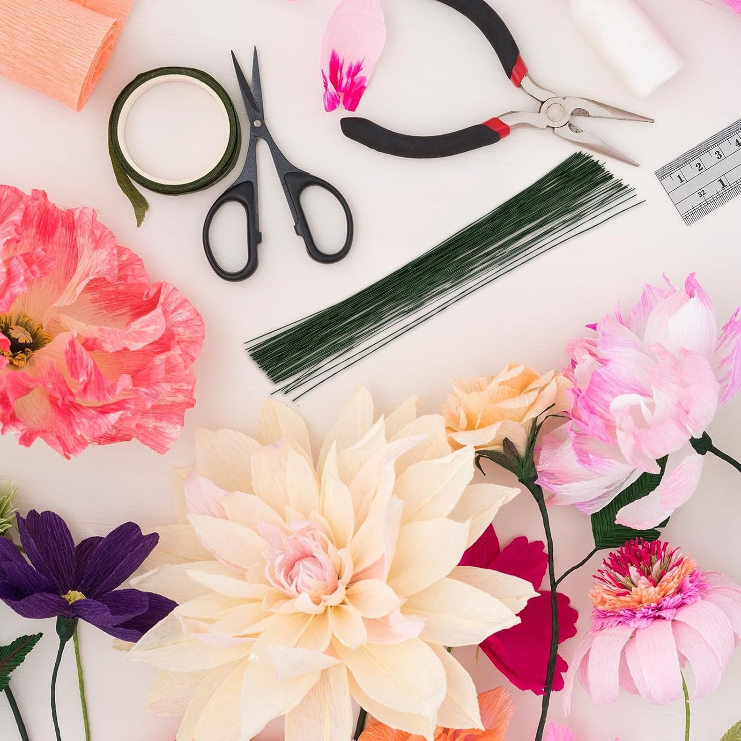 PATIKIL 26 Gauge 16" Floral Stem Wire, 100 Pcs Paper Wrapped Iron Artificial Flower Stem Accessories for DIY Bouquet Stem and Craft Decoration, Dark Green