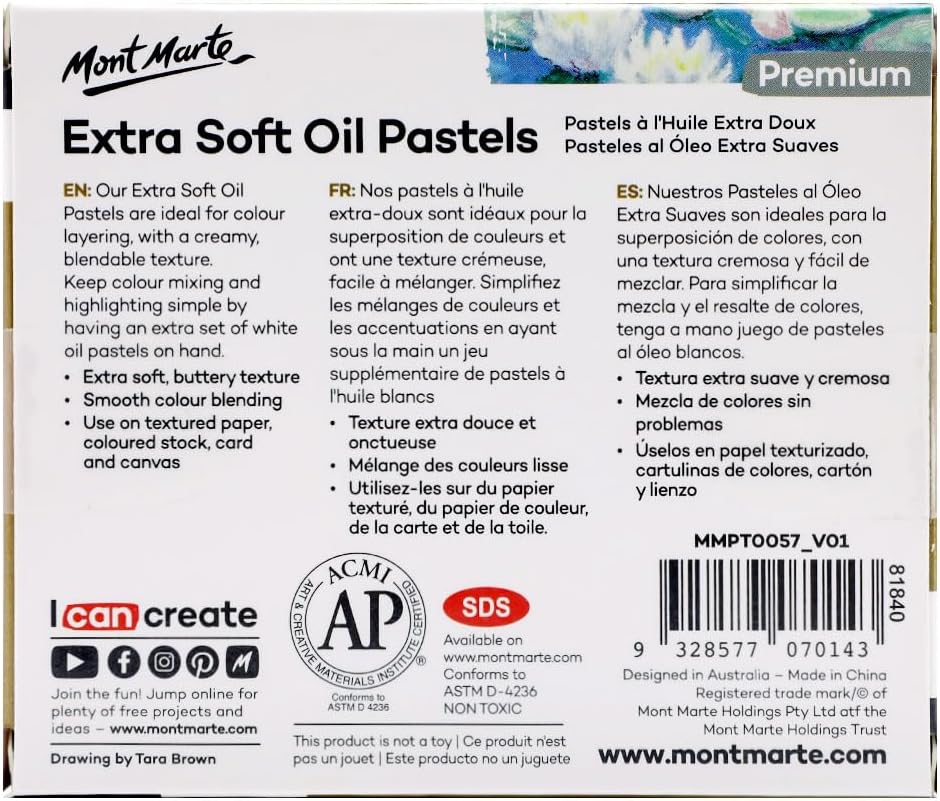 Mont Marte Extra Soft Oil Pastels White Premium 6pc, Assorted Natural Oil Pastel Colors, Vibrant, Buttery, Versatile Art Pastels for Blending, layering & Shading, Coloring and Sketching