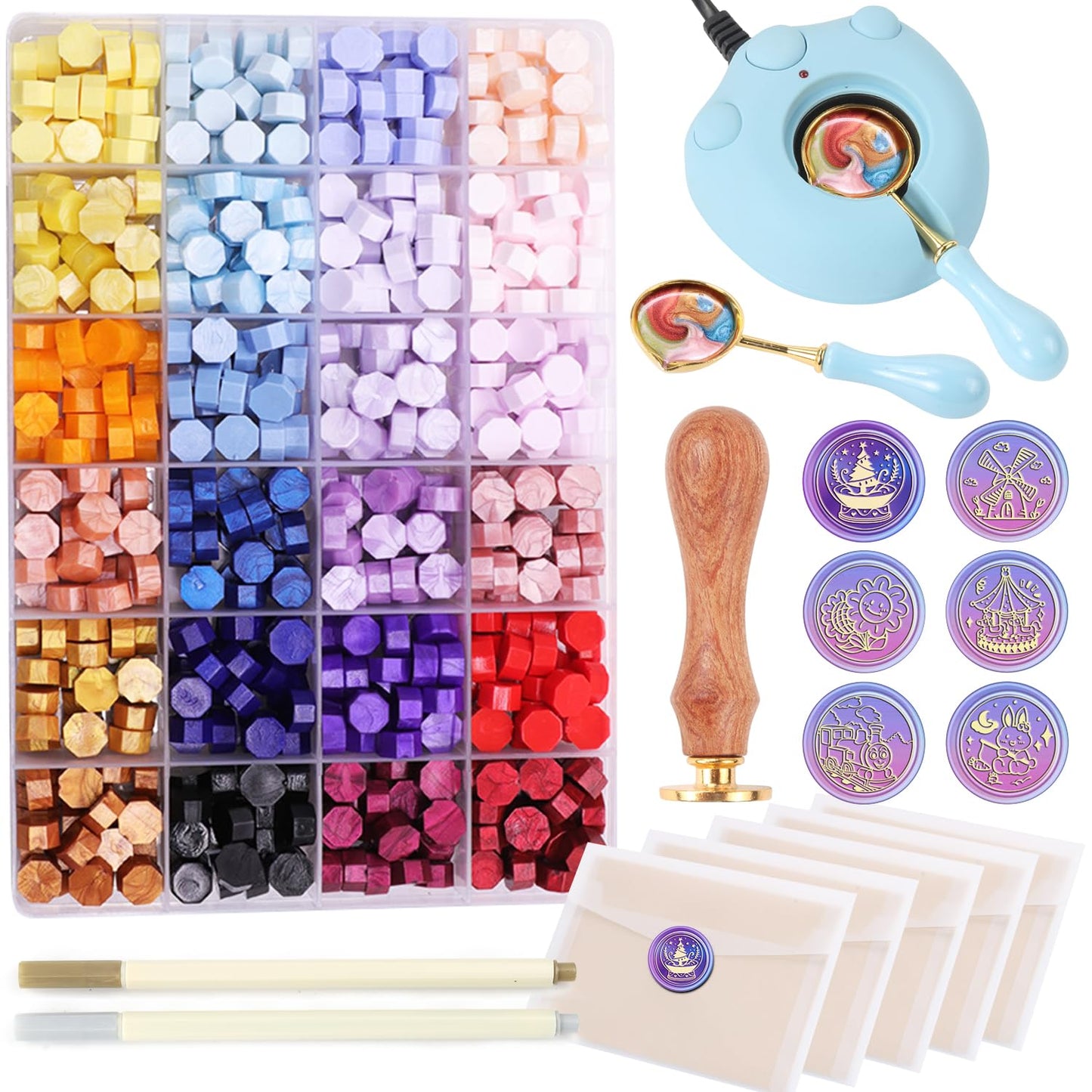 Wax Seal Kit with 24 Colors Wax Seal Beads 600pcs, 6PCS Wax Seal Stamps, Electric Sealing Wax Warmer, Envelopes and Wax Seal Metallic Pen for Gift and Decoration (Cartoon)