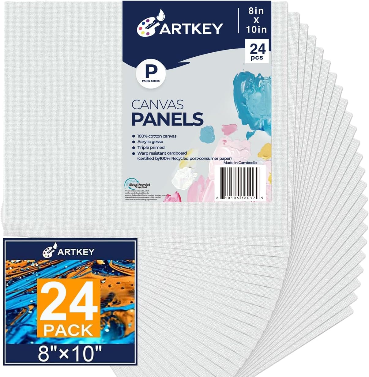 Artkey Canvases for Painting 8x10 Inch 24-Pack, 10 oz Primed 100% Cotton White Blank Flat Canvas Boards, Art Paint Canvas Panels for Acrylic Oil Watercolor Tempera Paints