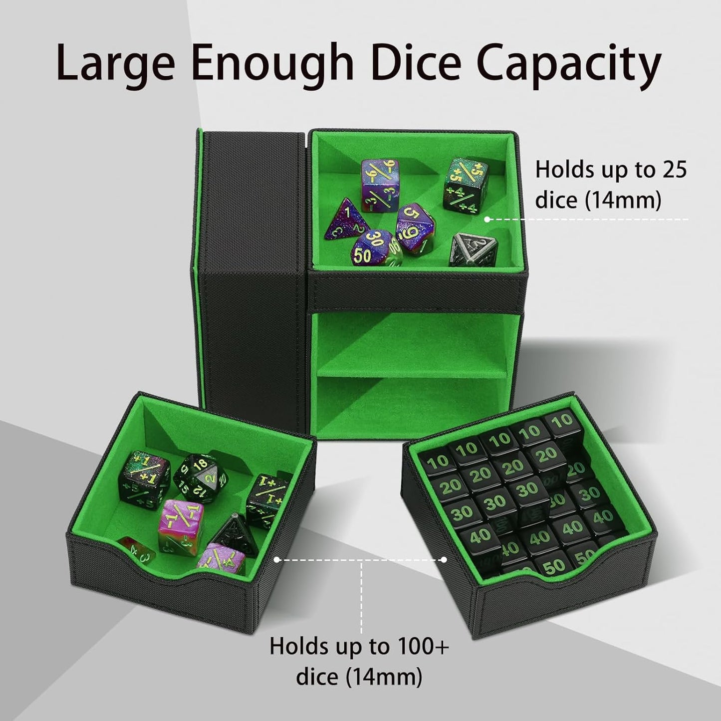 Dice Tower & Tray Storage Box, 3 in 1 Dice Holder Case (Rolling Tower Dice Storage Drawers, Rolling Tray), Leather Magnetic Closure DND Accessories Gifts for RPG MTG, Black/Green