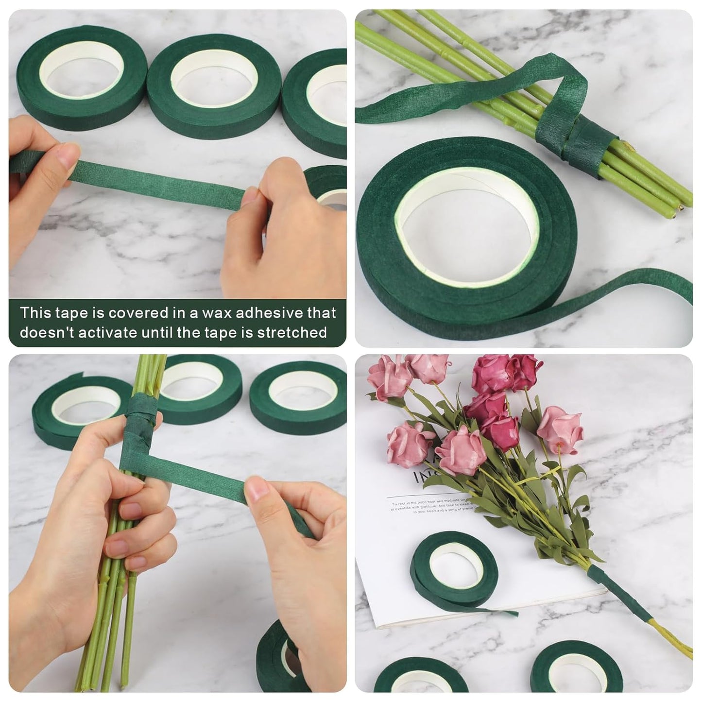 12 Roll Floral Tape 1/2inch Flower Tape Dark Green, Floral Tapes for Bouquet Stem Wrapping and Floral Crafts, Wedding Bouquet