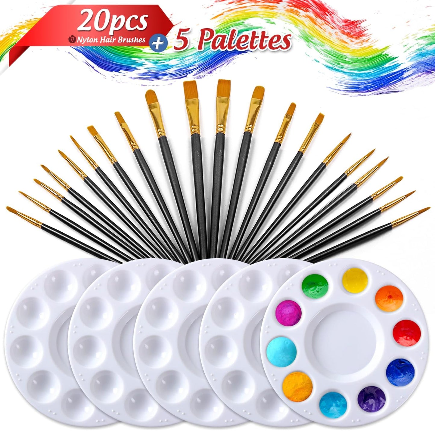 Halloween Paint Brushes Palettes Set by DUGATO, 2 Packs/20pcs Round Pointed Tip Nylon Hair Brushes with 5 Paint Trays for Acrylic Watercolor Oil Gouache Tempera and Body Painting (Black)