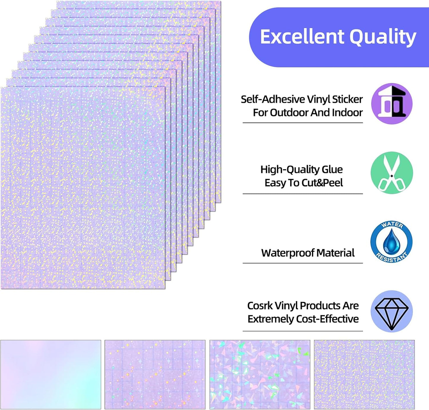 36 Sheets Holographic Sticker Paper, Transparent Holographic Vinyl Laminate Film, Clear Overlay Lamination Sticker Paper Self Adhesive Waterproof - Gem, Dot, Colorful, Star Patterns/8.5x11 inch