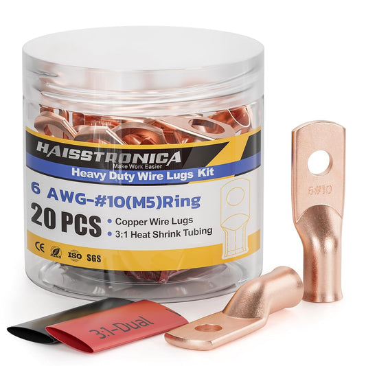 haisstronica 10pcs 6 AWG - #10 Battery Cable Lugs, Heavy Duty Copper Wire Lugs with 10pcs 3:1 Adhesive Heat Shrink Tubing, 6 Gauge Wire Connectors Battery Terminal Connectors, Battery Cable Ends