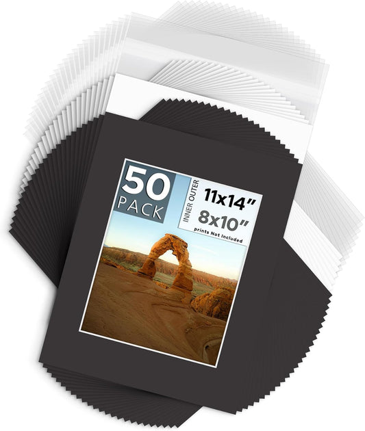 Mat Board Center, Pack of 50, 11x14 for 8x10 Black Mat Kit - Acid Free, 4-ply Thickness, White Core - Includes Backing Boards and Clear Bags - for Pictures, Photos, Framing