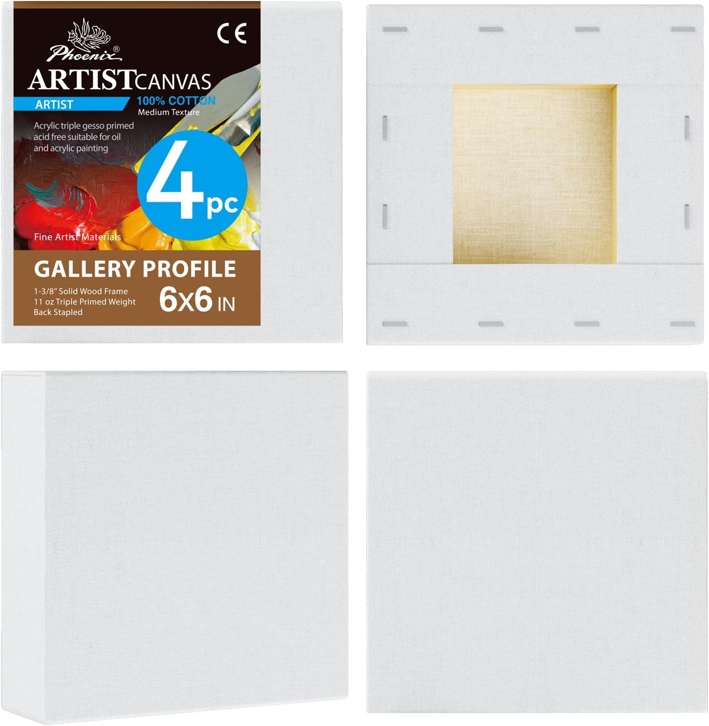 PHOENIX 6x6 Inch 4 Pack Gallery Canvas - Small Square 1.5 in Thick Canvases for Painting - Deep Edge 100% Cotton 11 Oz. Gesso Primed White Blank Professional Canvas Oil & Acrylic Paints