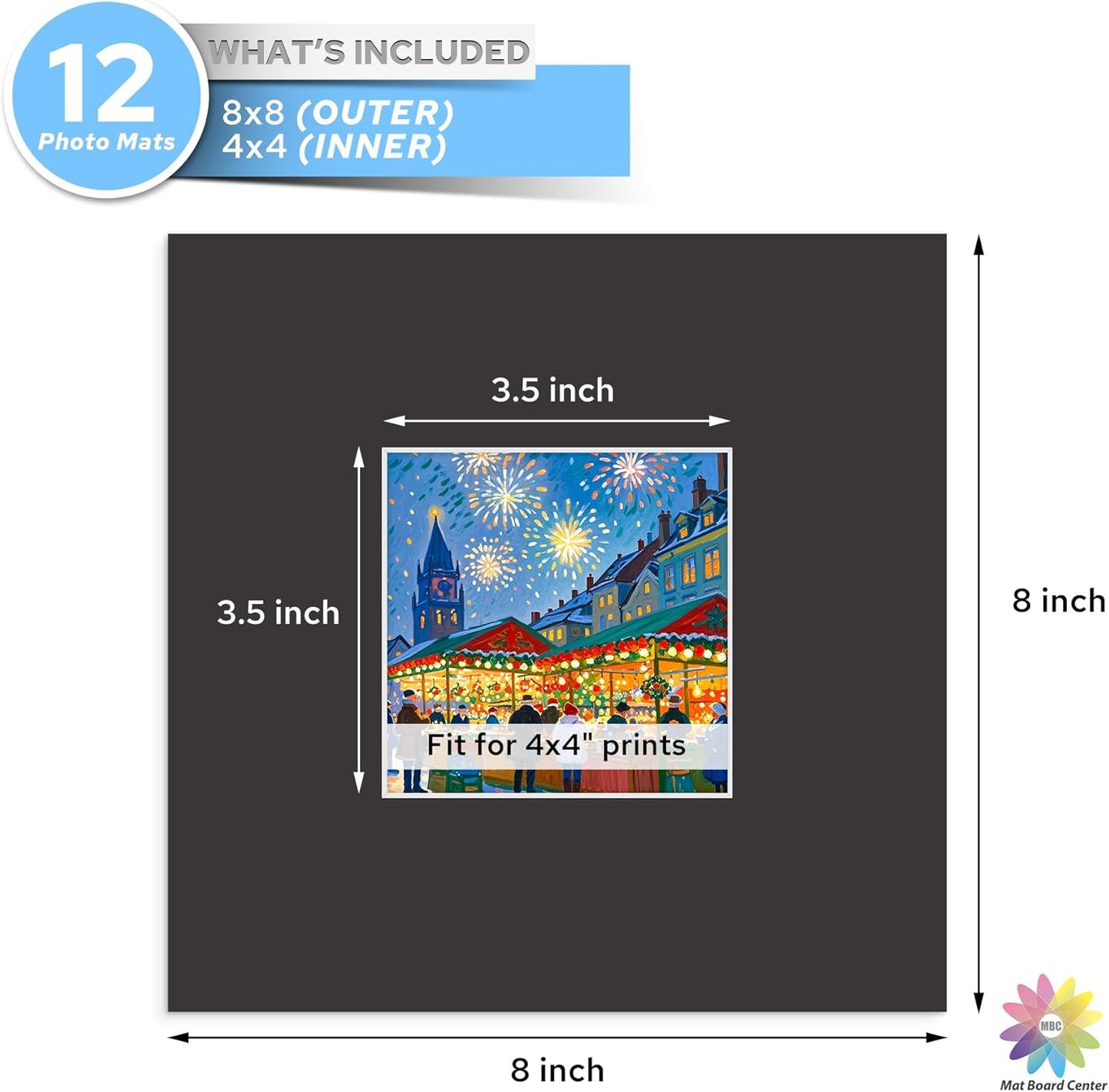 Mat Board Center, 8X8 Black Mats for 4X4 Pictures - Acid Free, 4-Ply Thickness, White Core, Bevel Cut - for Artworks, Photos, Framing - Pack of 12