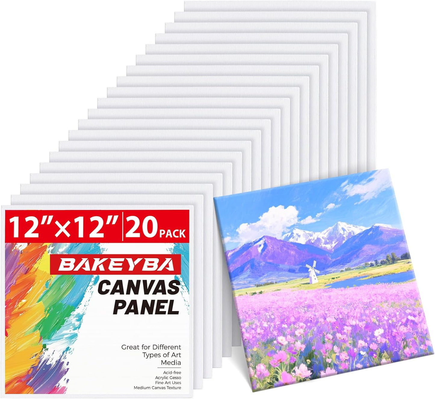 Flat Canvas Boards 20 Pack, 12x12 Inch Cotton Painting Canvas Panels White Blank for Acrylics Oil Watercolor Tempera Paints