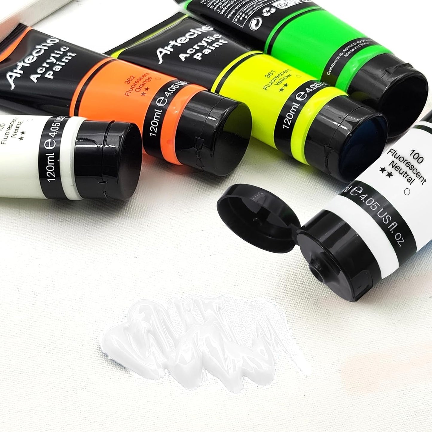 Artecho Glow in the Dark Paint, Neon Neutral Paint (120ml / 4.05oz) Tubes, Art Craft Paints for Canvas, Rock, Stone, Wood, Fabric, Art Supplies