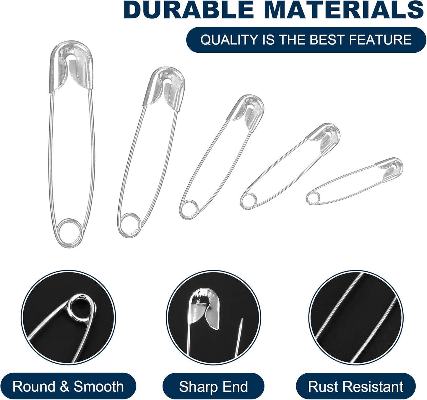 520 Pack Safety Pins, Assorted Size Bulk Silver Sewing Pins, Small & Large Heavy Duty Safety Pins for Clothes, Sewing, Art Crafts Supplies, Rust-Resistant Nickel Plated Steel