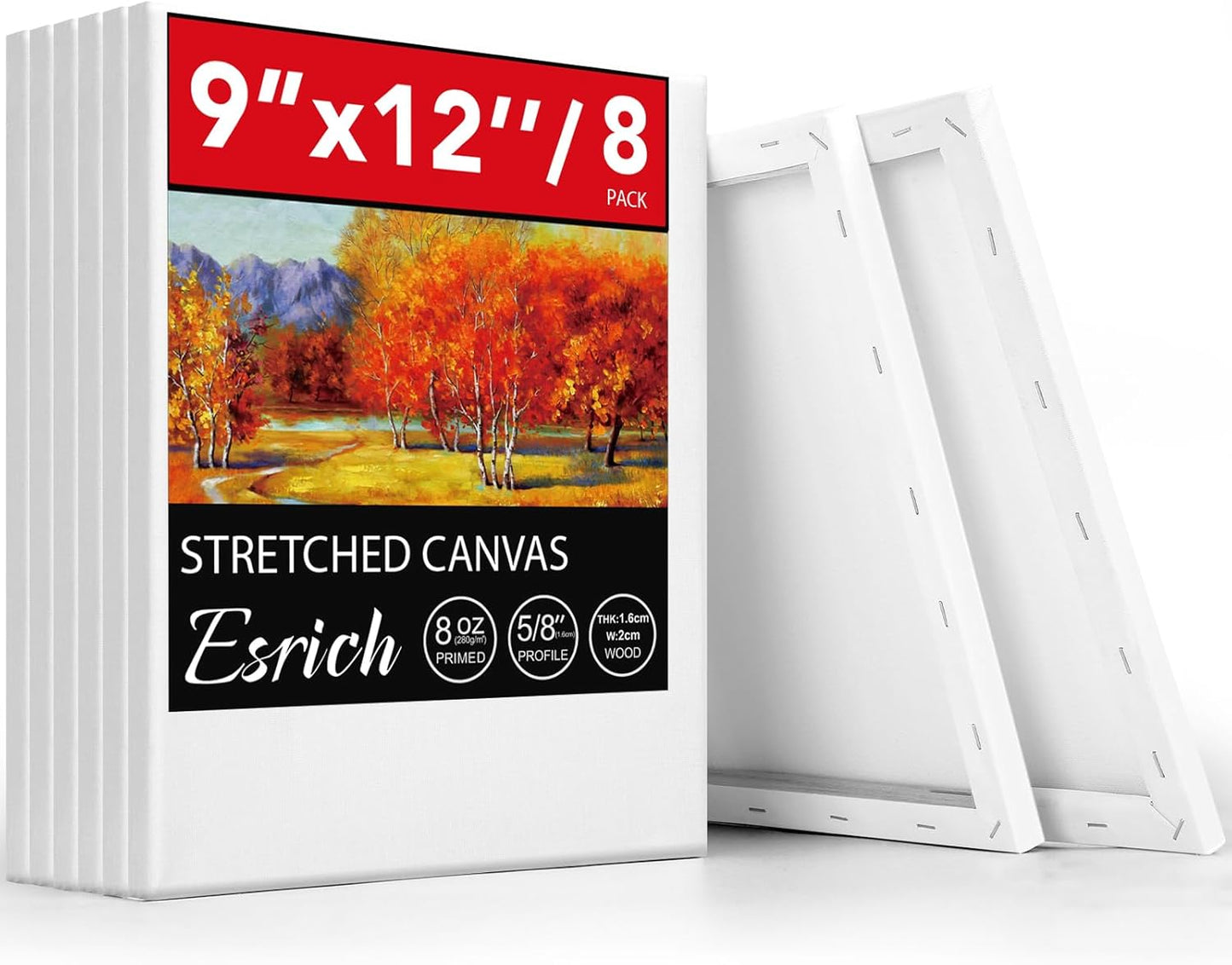 ESRICH Stretched Canvas for Painting, 8 Pack 9x12 Inch Canvas Value Pack,Primed Acid-Free Cotton Blank Canvases, Painting Canvas for Oil & Acrylic Paint.