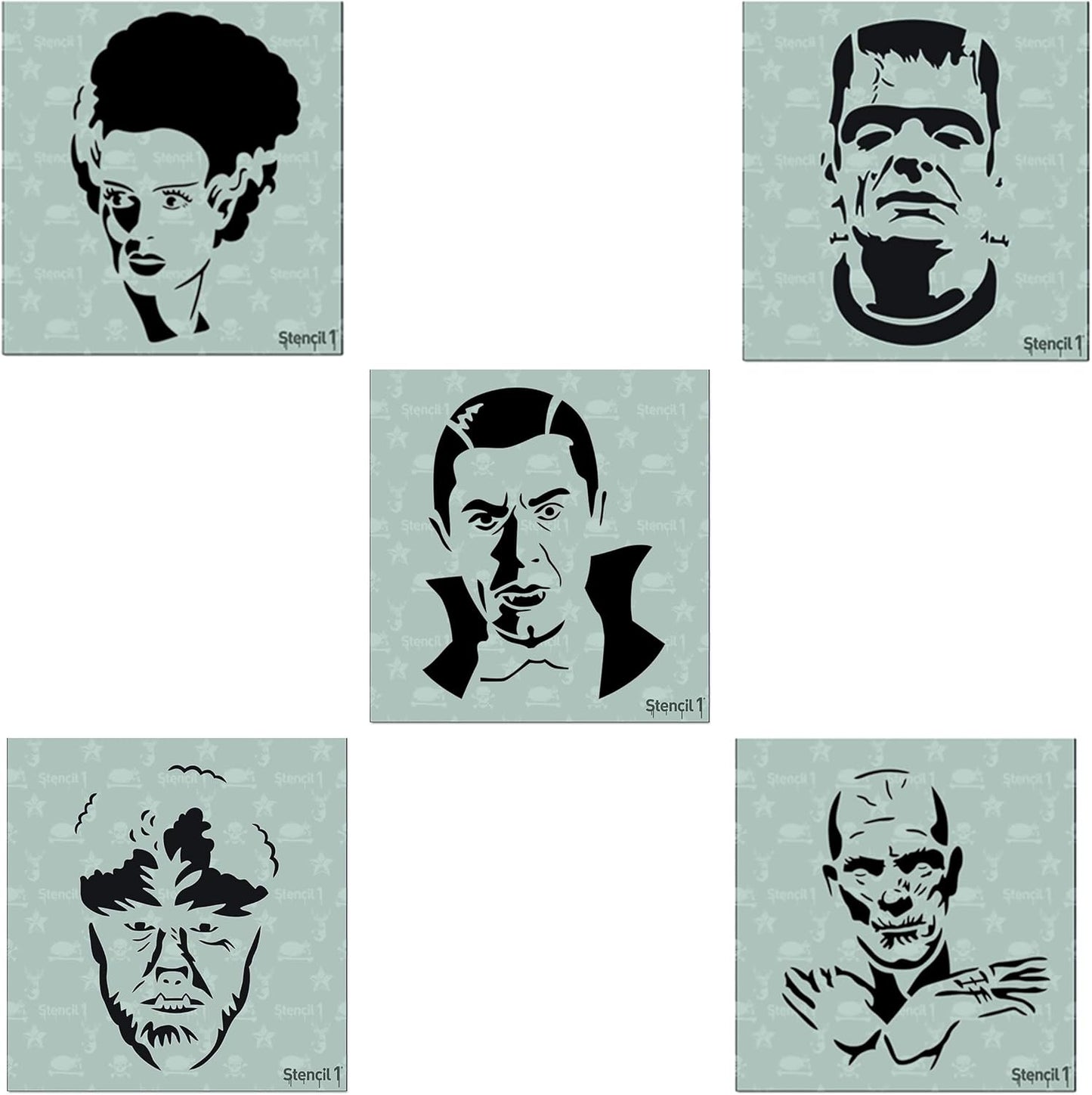 Halloween Monsters 5 Pack Stencil Set, Pumpkin Stencils, Halloween Motifs, Includes Dracula, Frankenstein, Bride, Werewolf, Mummy, Each Measure 5.75 x 6