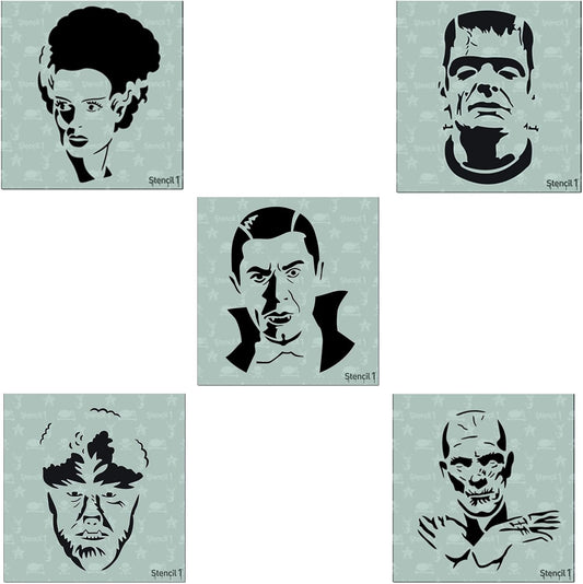 Halloween Monsters 5 Pack Stencil Set, Pumpkin Stencils, Halloween Motifs, Includes Dracula, Frankenstein, Bride, Werewolf, Mummy, Each Measure 5.75 x 6