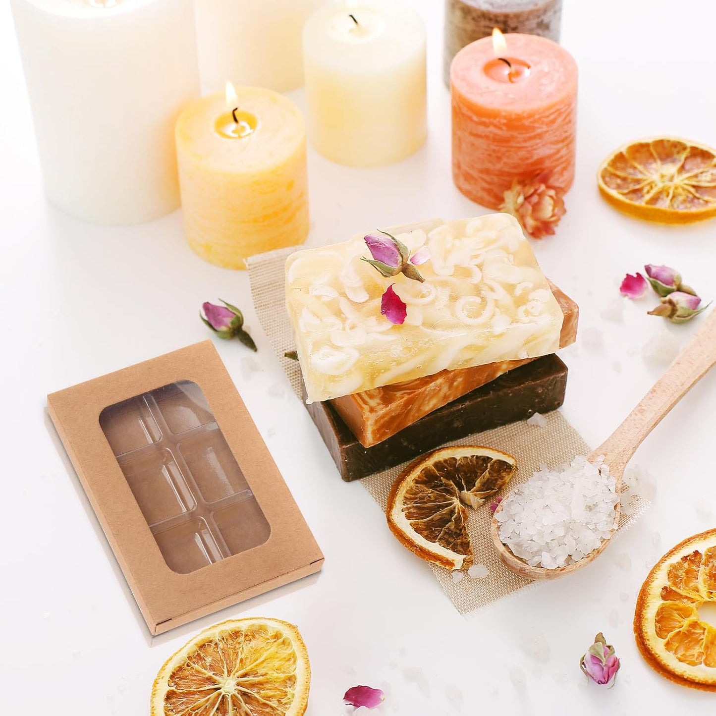 100 PCS Gift Boxes for Wax Melts 6 Cavity Plastic Mold with Box Kraft Wax Melt Boxes Crystal Clear Wax Melt Molds Wax Melts Containers for Wax Cubes Wax Tarts Wax Block(4 * 2.8 Inch)