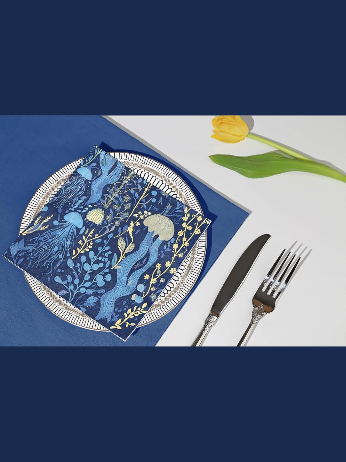 Premium Designer Paper Napkins, 3-Ply 6.5 x 6.5-inches Fold Disposable Decorative Lunch Dinner Napkin (20, Deep Blue)