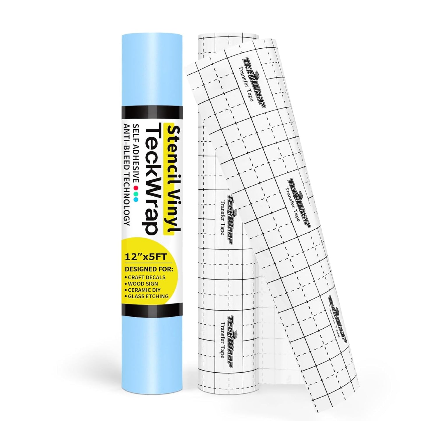 TECKWRAP Stencil Film Roll for Wood, Wall, Sticker - 12” x 5 FT/Roll Transparent Blue Adhesive Stencil Vinyl for Cutting Machines & Medium Tack Transfer Tape for Craft Decals,Signs, Windows, Stickers