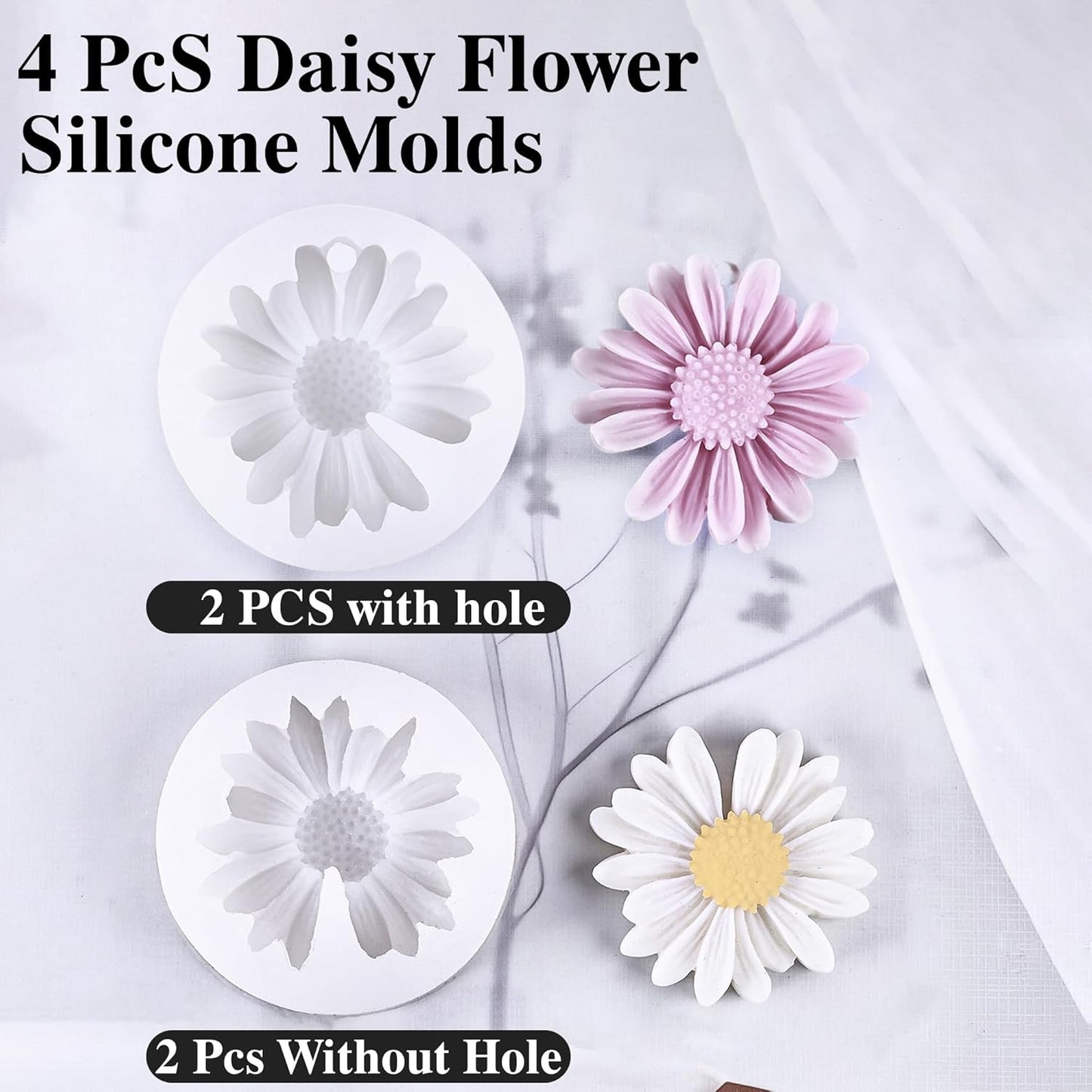 4 Pcs Daisy Flower Candle Molds, Silicone Molds for Candles Making, 3D Flower Shape Decorating Mold for Fondant Soap Chocolate Cake, DIY Wax Epoxy Resin Moulds for Clay Craft