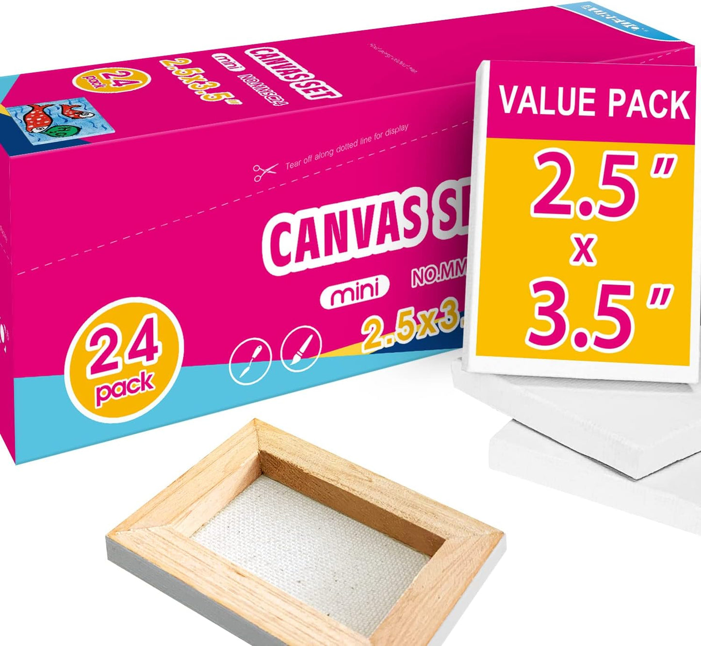 AUREUO Mini Stretched Canvas - 2.5x3.5 Inch / 24 Pack - 2/5 Inch Profile Small Square Canvas - Gift Set Bulk Pack Canvases for Acrylic Painting & Craft