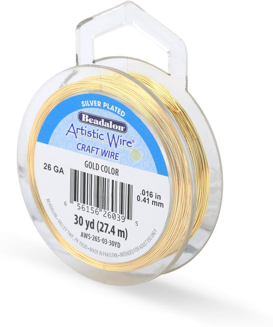 Artistic Wire, 26 Gauge Silver Plated Tarnish Resistant Colored Copper Craft Wire, Gold Color, 30 yd