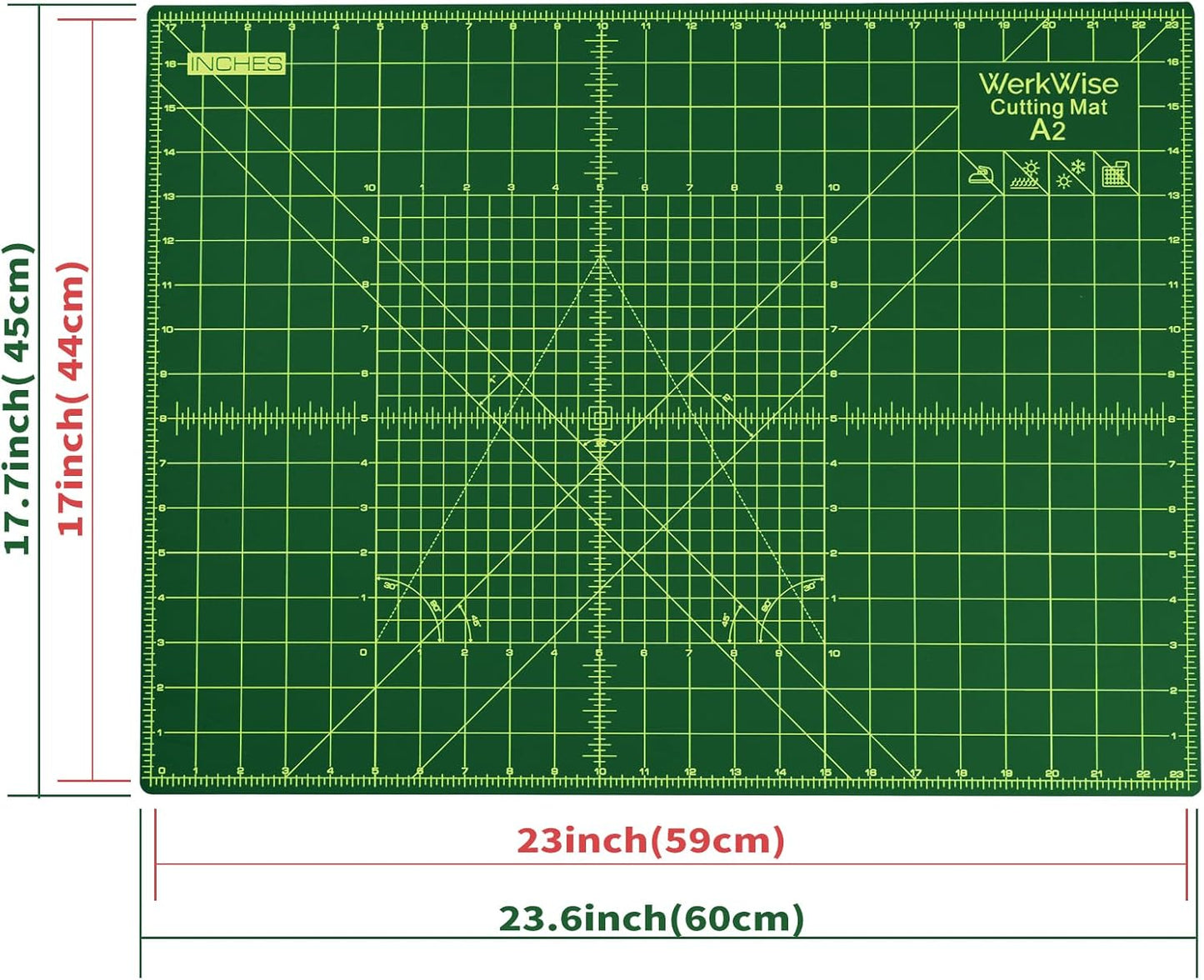 Thickness-Upgraded 18" x 24" Self Healing Sewing Mat, WerkWise Rotary Cutting Mat, Double Sided 5-Ply 18x24 Inch Cutting Board for Quilting, Fabric, & Crafts, Use with Rotary Cutters (Green & Black)