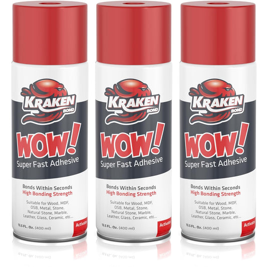 KRAKEN BOND Wow! Spray Adhesive Activator(3X13.5 Oz.) - Cyanoacrylate Super Glue Accelerator Spray for Plastic, Metal, Wood & PVC, CA Glue Activator | 3 Pack