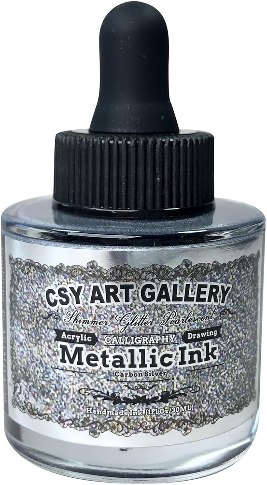 CSY Art Gallery Metallic Acrylic Paint Ink-Alcohol Inks -Crafts Paints Fast-Drying, Permanent Inks for Epoxy Resin, Tumblers, Fluid Art Painting, Glass, Metal, and More (Carbon Silver)
