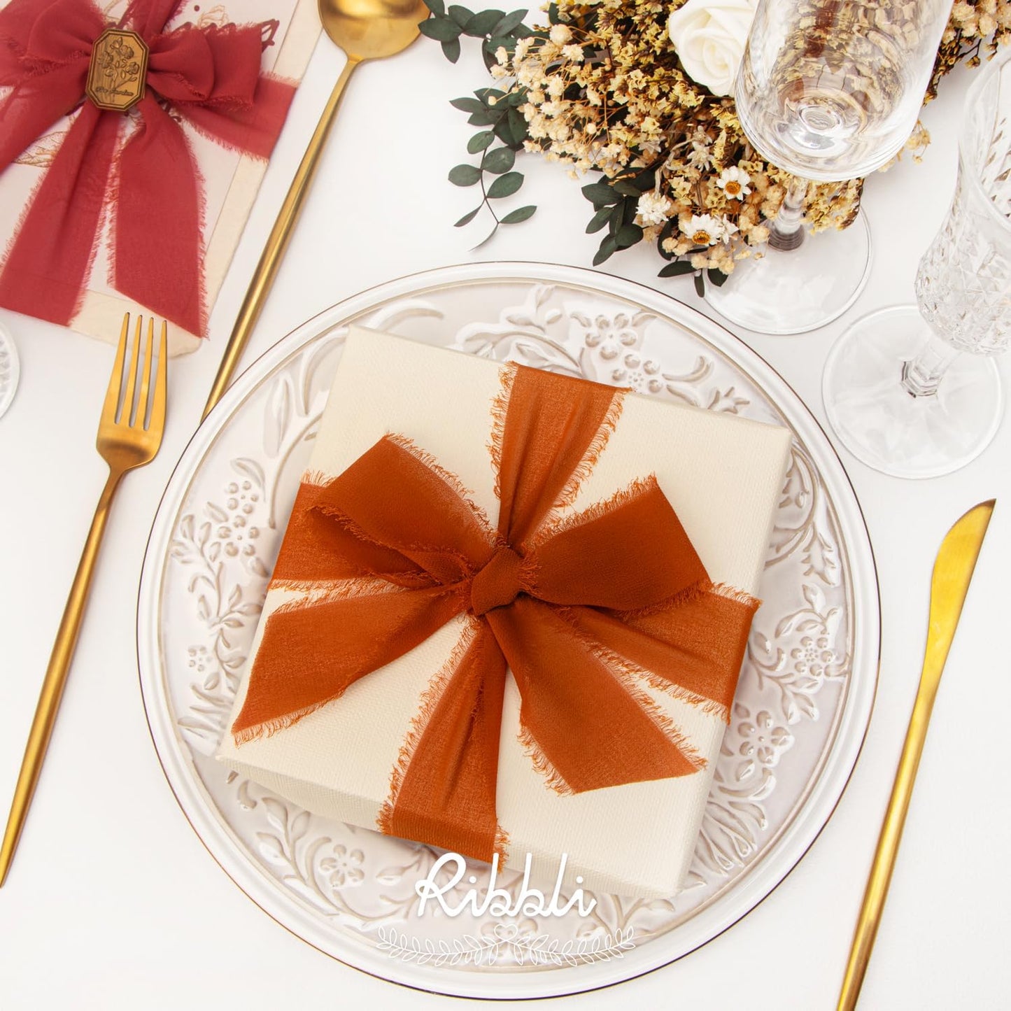 Ribbli Chiffon Silk Ribbon, 1.5 inch x 30 Yard, Champagne/Terracotta/Rust Red Fringe Chiffon Fall Ribbon for Wedding Invitations, Bridal Bouquets Wrapping, Flower Arrangement Decoration