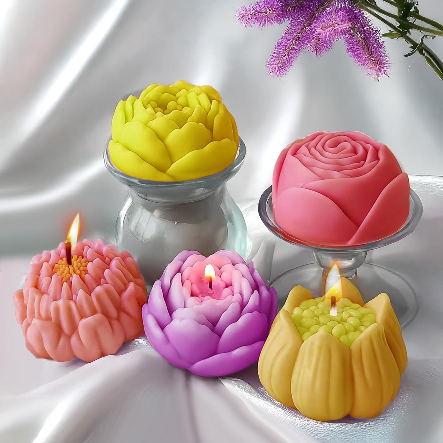 4pcs Large Flower Silicone Candle Molds,Reusable 3D Mold for Soap, Baking, Chocolate, Ice, Wax Resin Crafts, Rose Lotus Hibiscus Peony, Non-Stick, Easy Release Clean, DIY Gift for Bakers