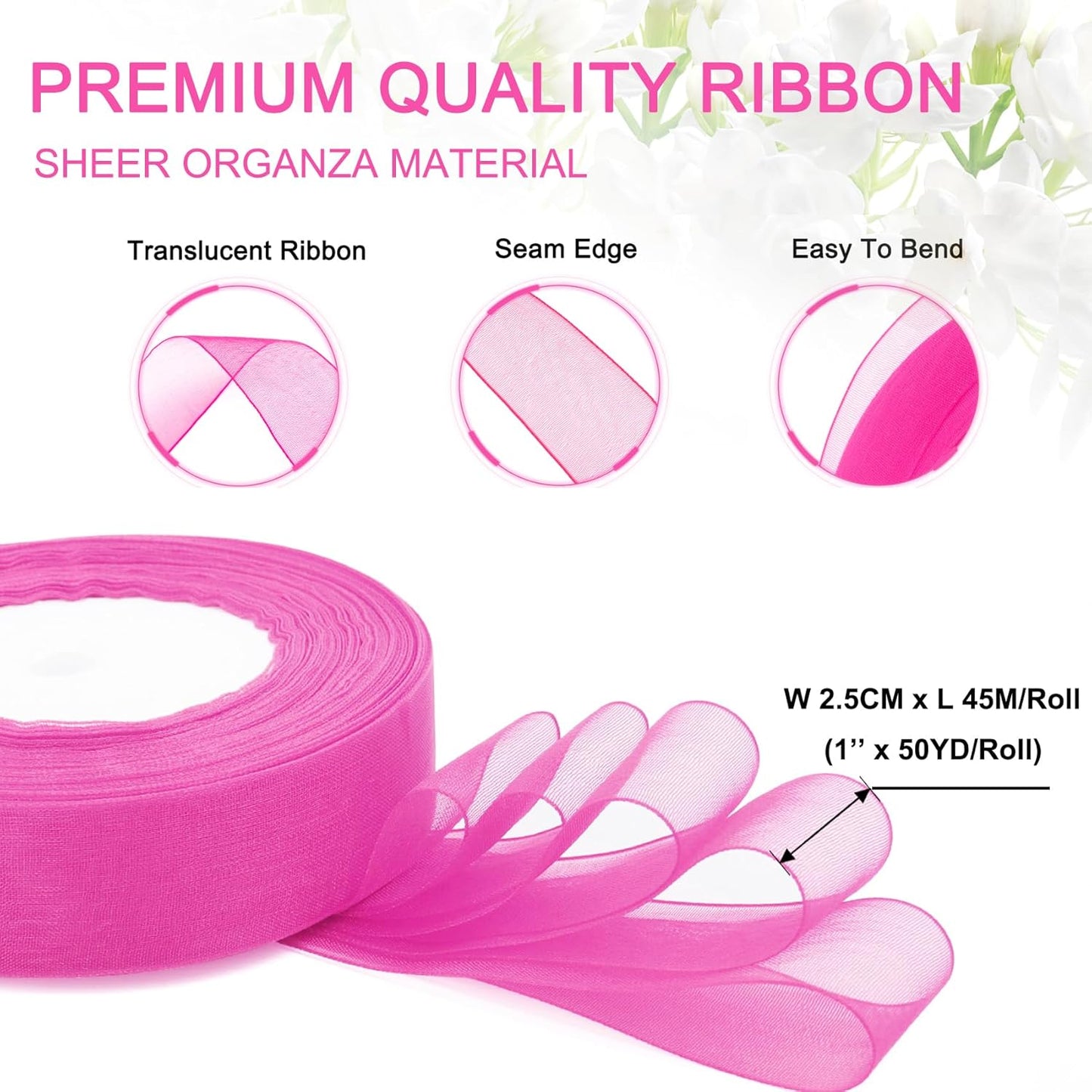 Pink Ribbon for Gift Wrapping, 1 inch 50Yard Sheer Organza Tulle Ribbon, Hot Pink Gifts Wrap Chiffon Ribbons for Hair, Crafts, Flower Bouquet, Wedding, Valentines Day, Mothers Day, Christmas