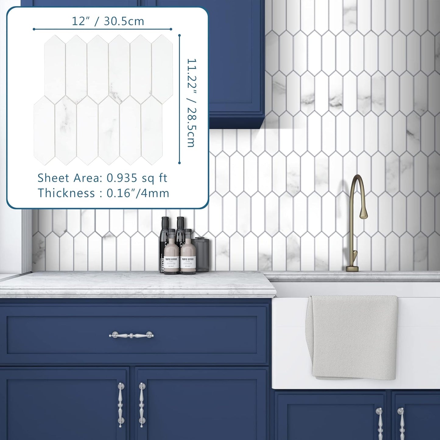 SUNWINGS Backsplash Tile for Kitchen Peel and Stick, Stone Composite Self Adhesive Tiles Faux Marble Pattern Long Hexagon Mosaic Wall Tile for Kitchen, 12 Inch x 11.22 Inch 10 Sheets White Marble