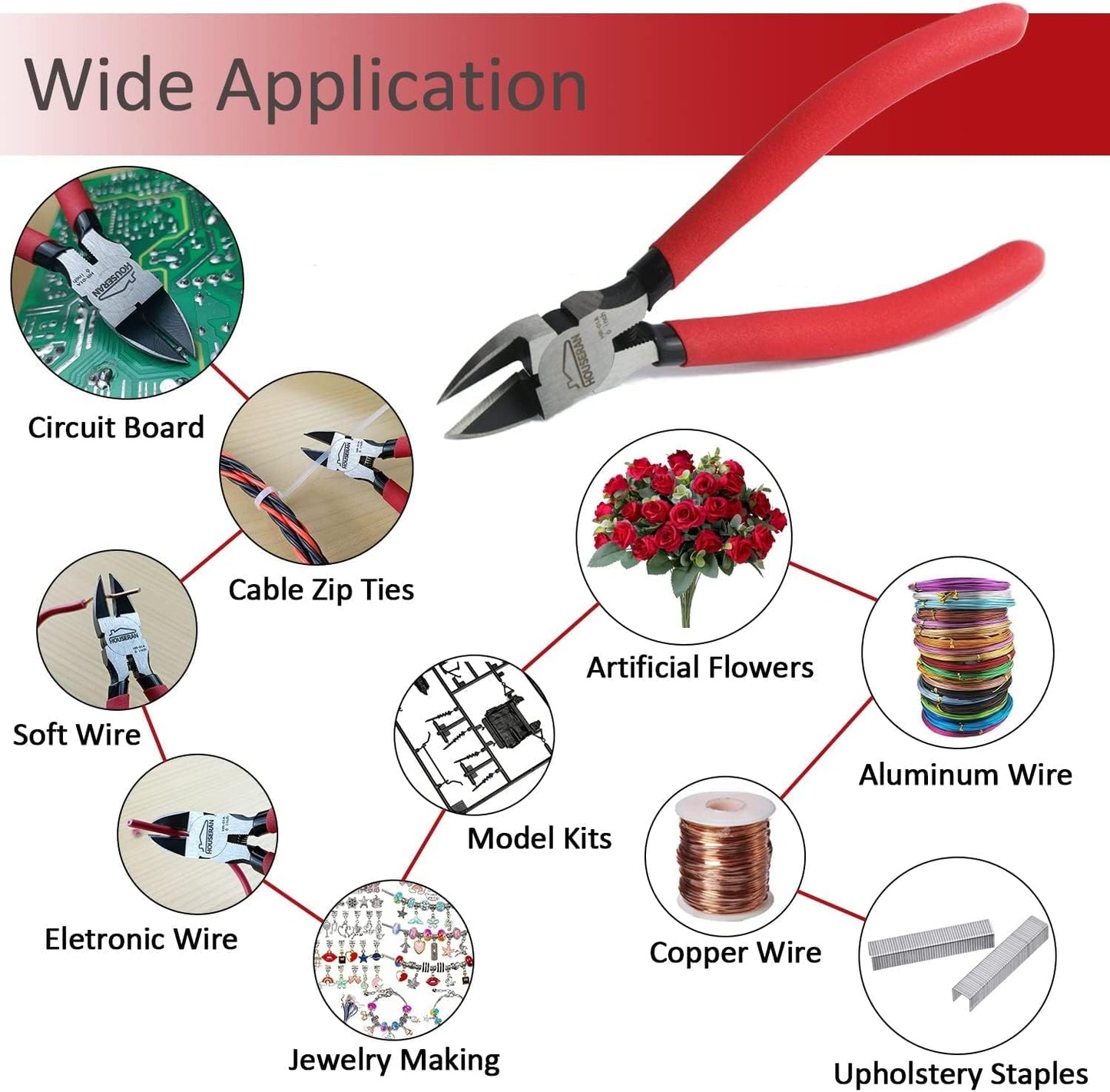 Wire Cutters 10 Pack, 6" Dykes Cutteres, HOUSERAN Wire Snips with Non-slip Red Handle, Side Cutter, With Spring Loaded, Flush-Cutter for Artificial Flowers, Crafts, Zip Tie