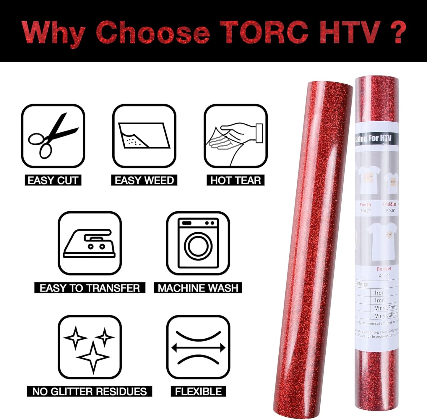 TORC Red Glitter HTV Heat Transfer Vinyl Roll 12 inch x 5 ft Iron on Vinyl for T Shirts Crafts