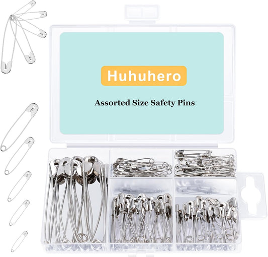 Huhuhero 150Pcs Safety Pins, Large & Small Safety Pins for Clothes Sewing Craft, Nickel Plated Steel Assorted Size Pins Bulk, Art and Craft Supplies (Sliver)