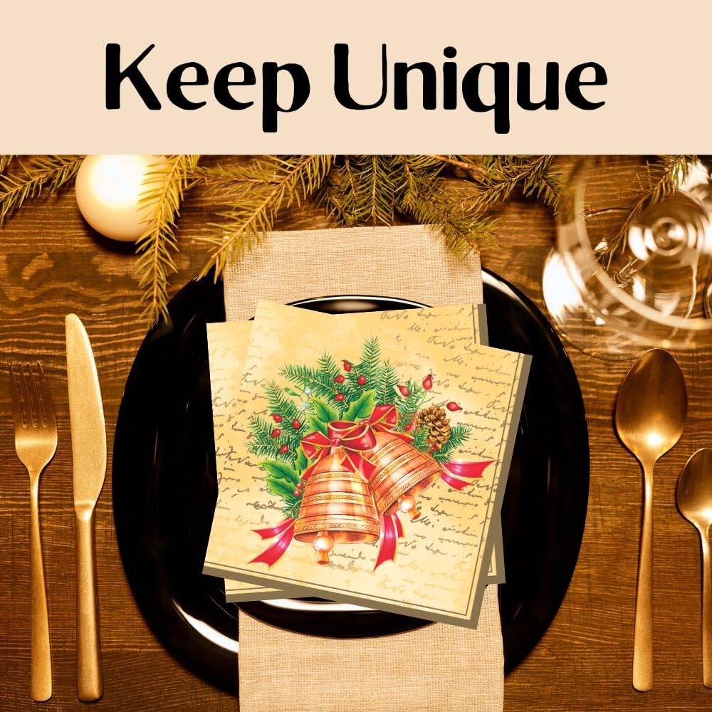 20-ct 13x13 Christmas Paper Decoupage Napkins, 3-Ply Servilletas Tissue Napkin for Dinner and Parties, Disposable Napkins (Bell)