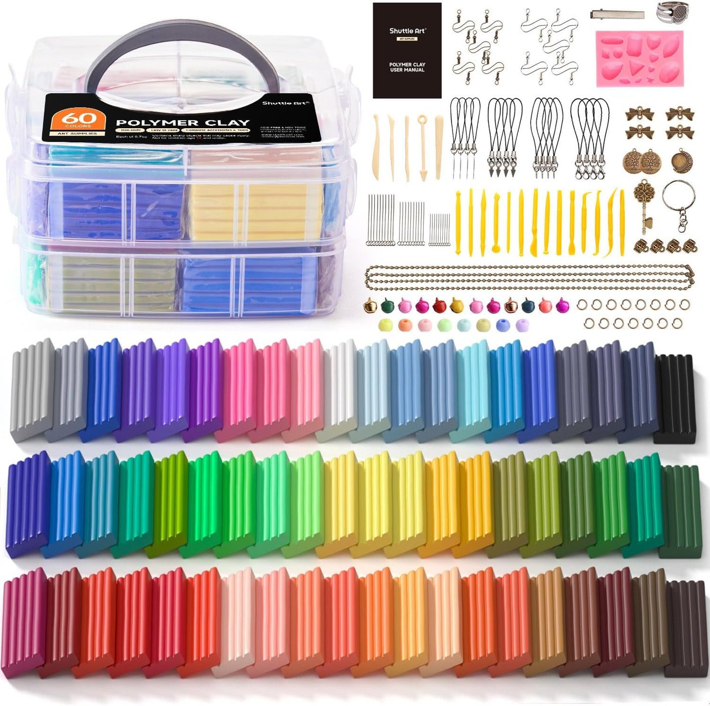 Shuttle Art Polymer Clay Kit - 60 Colors, 19 Tools, and 16 Accessories - Non-Toxic and Non-Sticky DIY Crafts for Kids and Adults