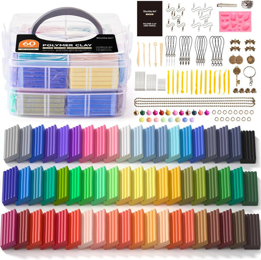Shuttle Art Polymer Clay Kit - 60 Colors, 19 Tools, and 16 Accessories - Non-Toxic and Non-Sticky DIY Crafts for Kids and Adults