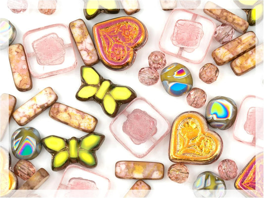 2.1oz (60g) of Focal Glass Bead Mix with Table-Cut Flower and Butterfly Beads, PG Pale Green Pink