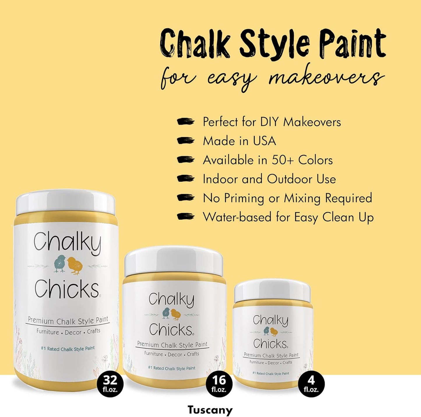 Chalky Chicks All-in-One Chalk Paint for Furniture or Cabinet - 32 Fl Oz - Matte Finish Tuscany (Yellow) for Metal, Wood Furniture Paint - No Sanding All-in-One for Home Decor & Crafts, USA Made