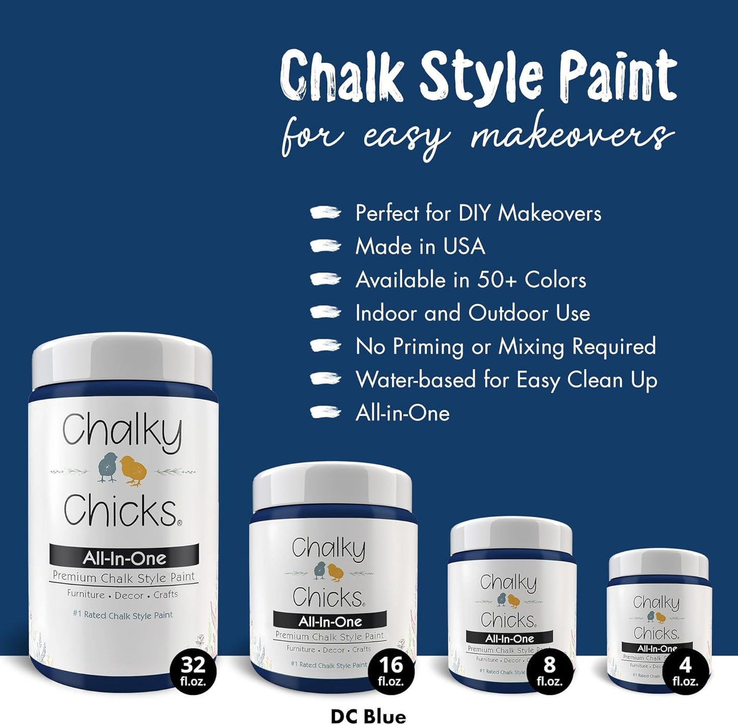 Chalky Chicks All-in-One Chalk Paint for Furniture or Cabinet - 16 Fl Oz - Matte Finish DC Blue Navy Blue for Metal, Wood Furniture Paint - No Sanding All-in-One for Home Decor & Crafts, USA Made