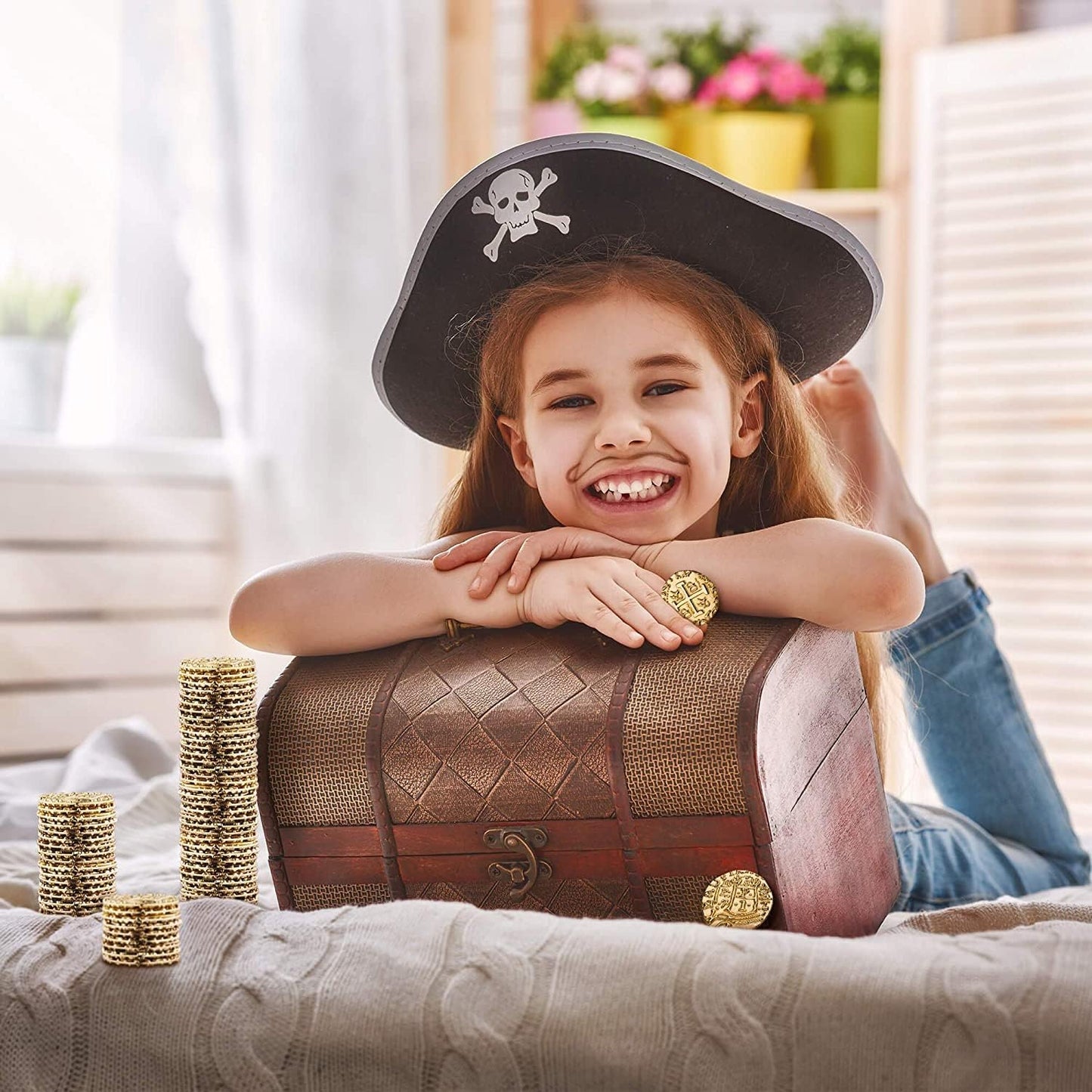 Large Metal Pirate Coins - 36 Bronze, Silver, Gold & Rose Gold Treasure Coin Set, Metal Replica Spanish Doubloons for Pirate Party Decorations & Favors, Tokens, Toys, Cosplay, Treasure Chest