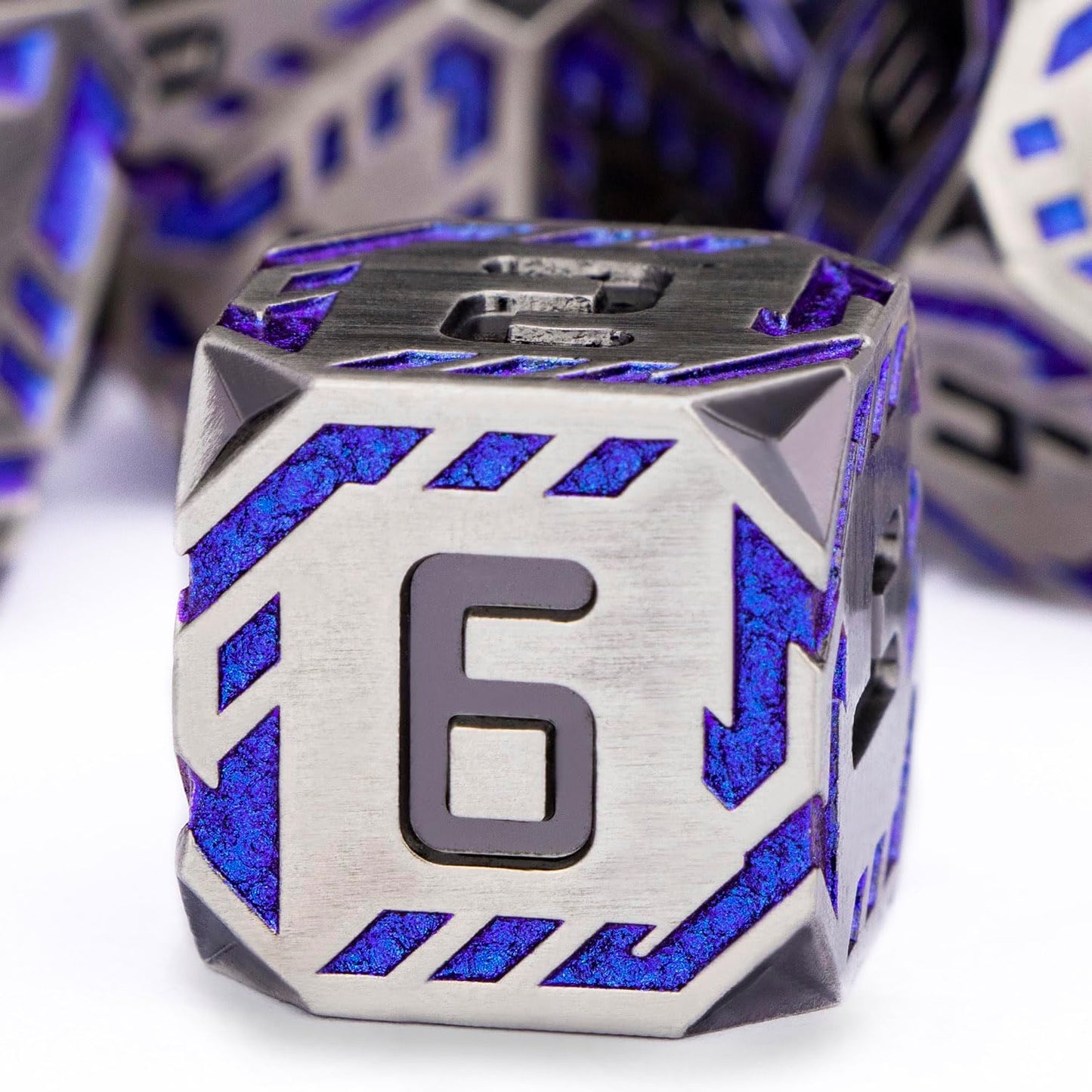 Metal DND Sci-fi Dice Set 7PCS Stripe Polyhedral Dice for Dungeons Dragons RPG Role Playing Game, Glitter D and D Dice with Gift Box D6 D8 D10 D12 D20 (Blue Purple&Grey)