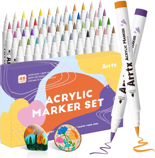Arrtx 48 Colors Acrylic Marker, for Rock Painting, Extra Brush Tip Markers Paint Pens, Art Supplies, Fabric Paint, Art Markers, Waterproof Paint DIY Crafts Making& 48E