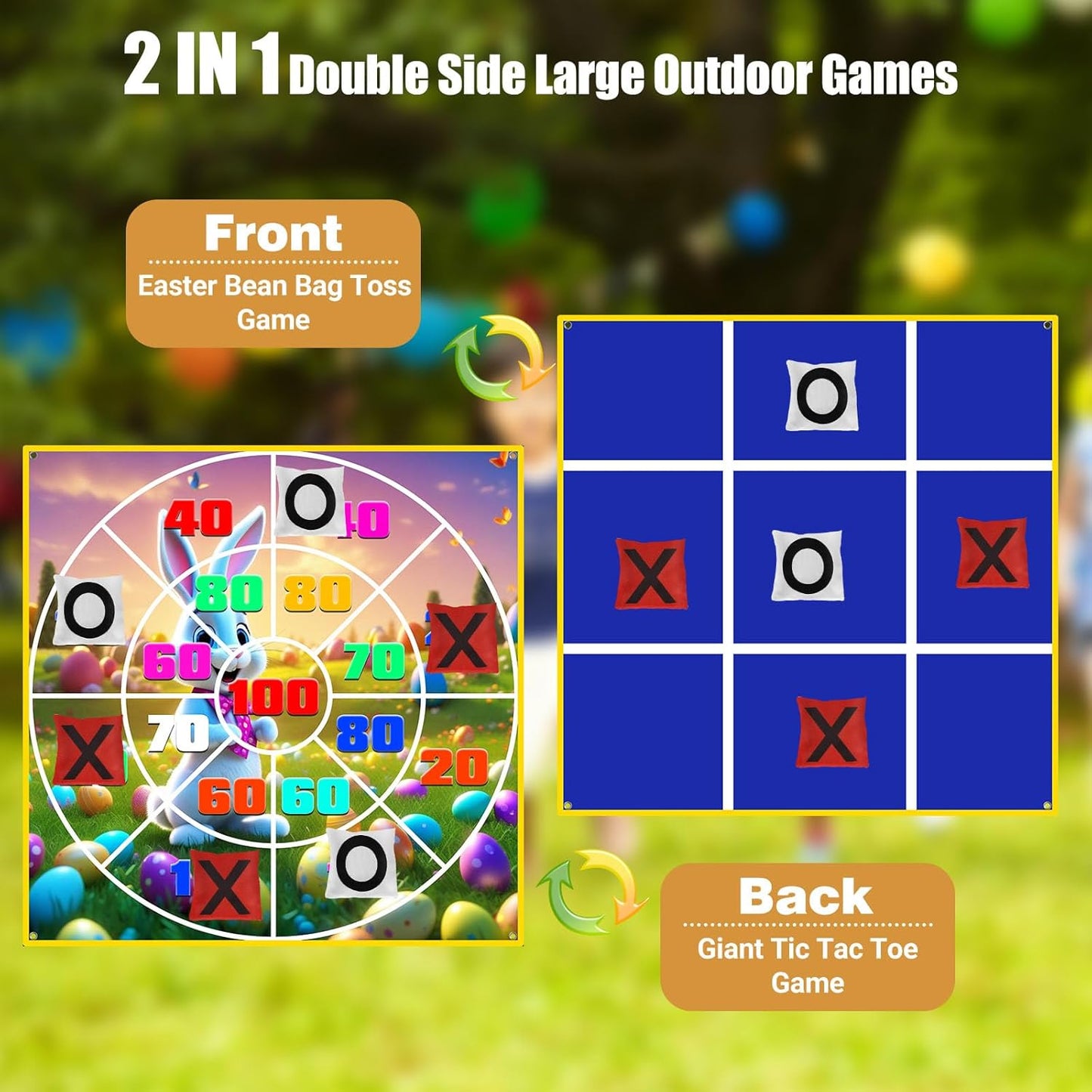 2-in-1 Outdoor Games Large Bunny Egg Bean Bag Toss & Giant Tic Tac Toe 4.5Ft, Double-Sided Lawn Yard Game for Kids Adults, Easter Party, Camping Backyard Carnival Field Day, Family Reunion Fun