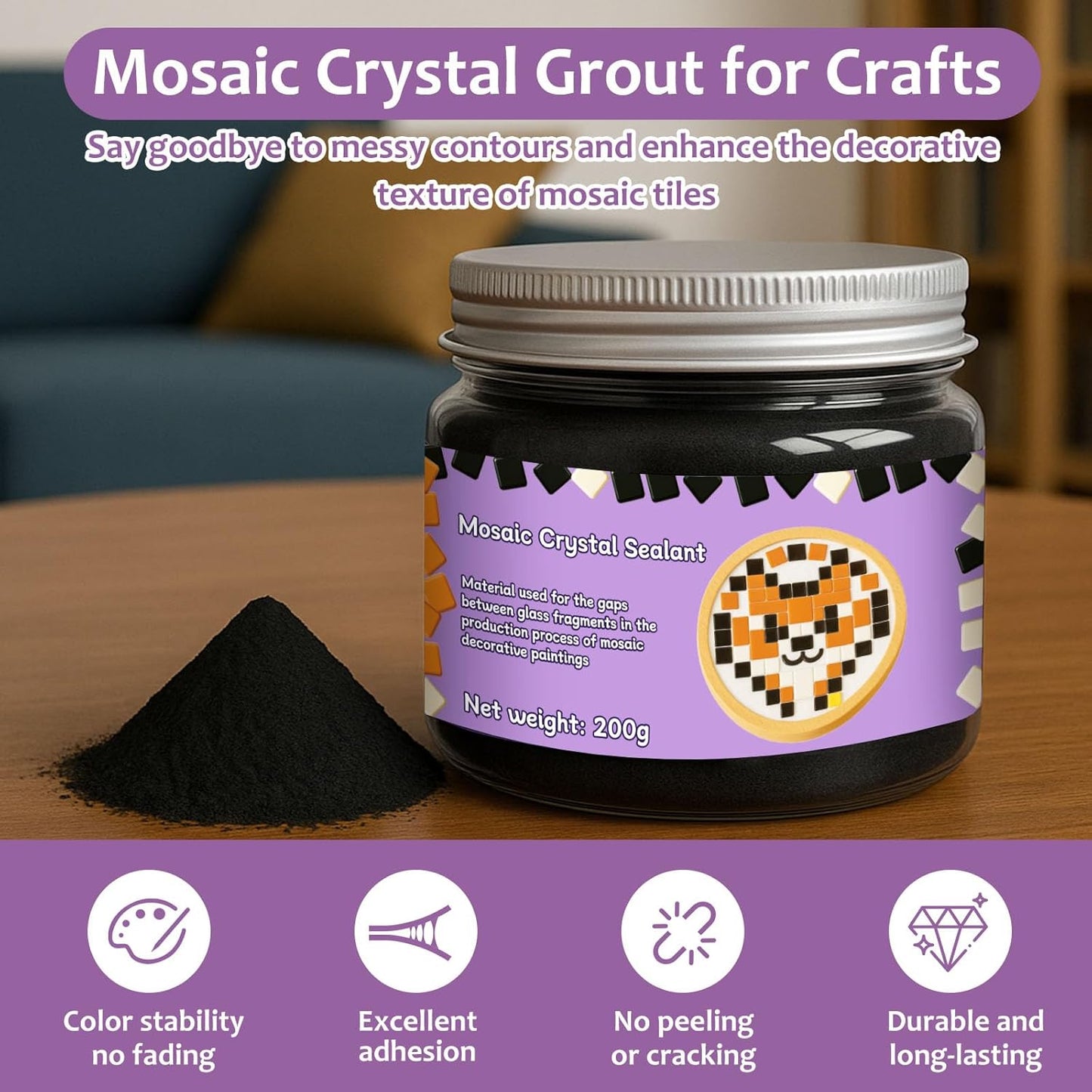200g Mosaic Crystal Grout for Crafts, Mosaics Tile Tools, High Color Contrast, Direct caulking, Suitable for Mosaic Tiles, DIY Craft Projects (Black)