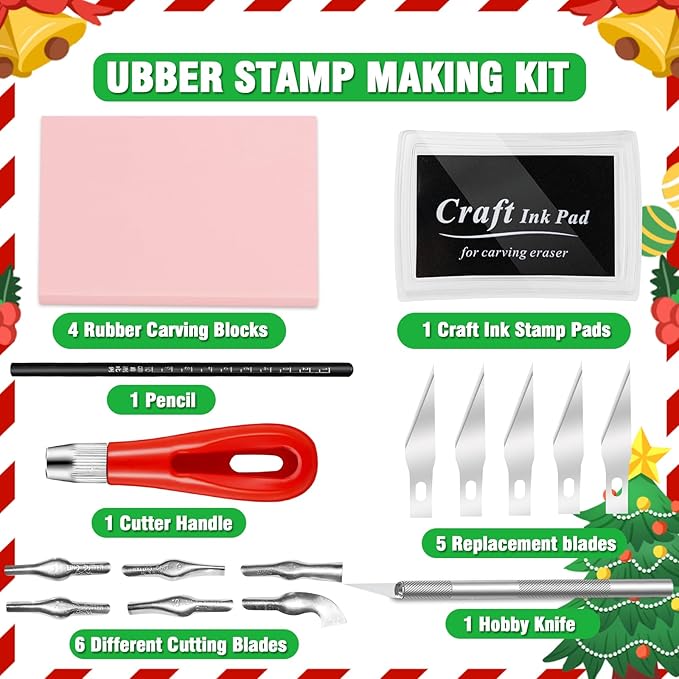 WAYCOM Rubber Stamp Making Kit: Linoleum Cutter Set Hobby Knife Pencil for DIY Stamp Carving Craft Hobby Kits Birthday Gift for Adults/Women/Men/Boys/Girls