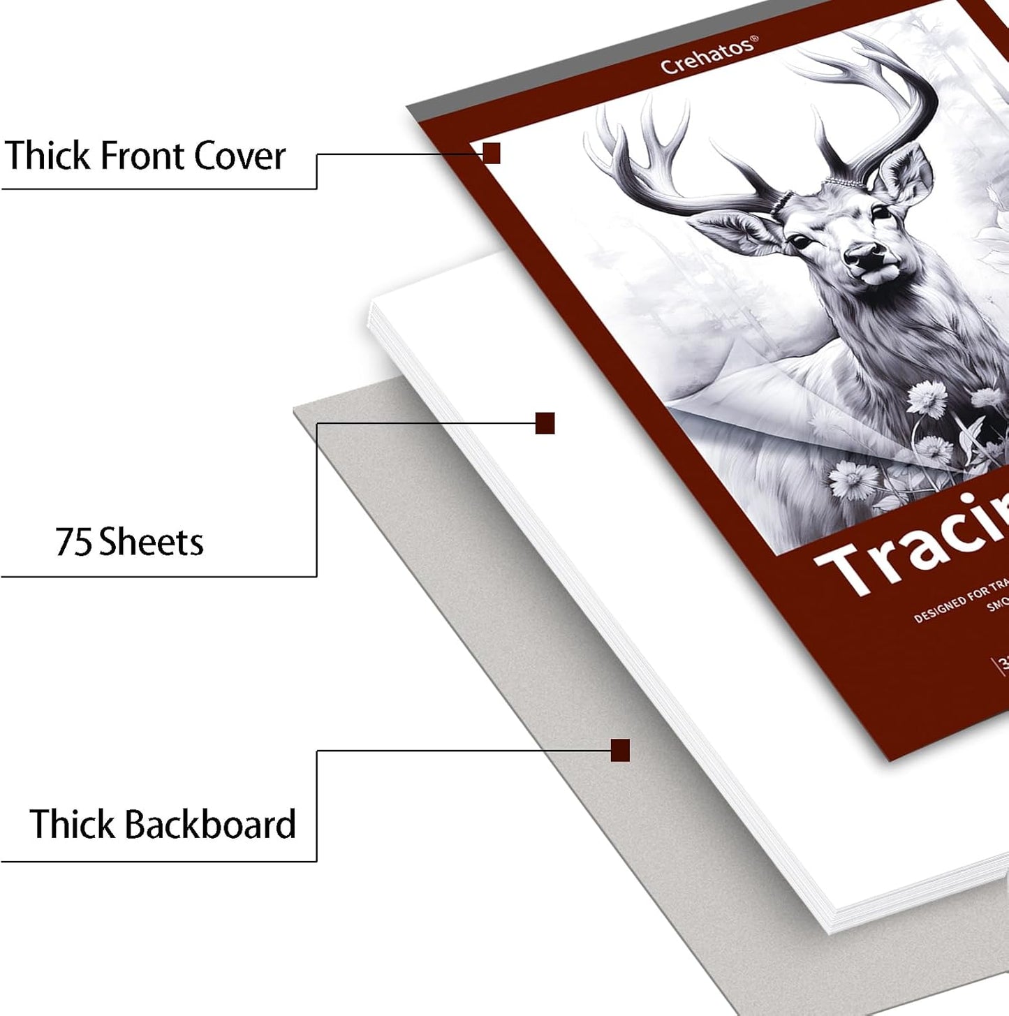 Crehatos 9" x 12" Tracing Paper, Translucent Tracing Pad, 75 Sheets 38lb/60gsm Vellum Art Paper