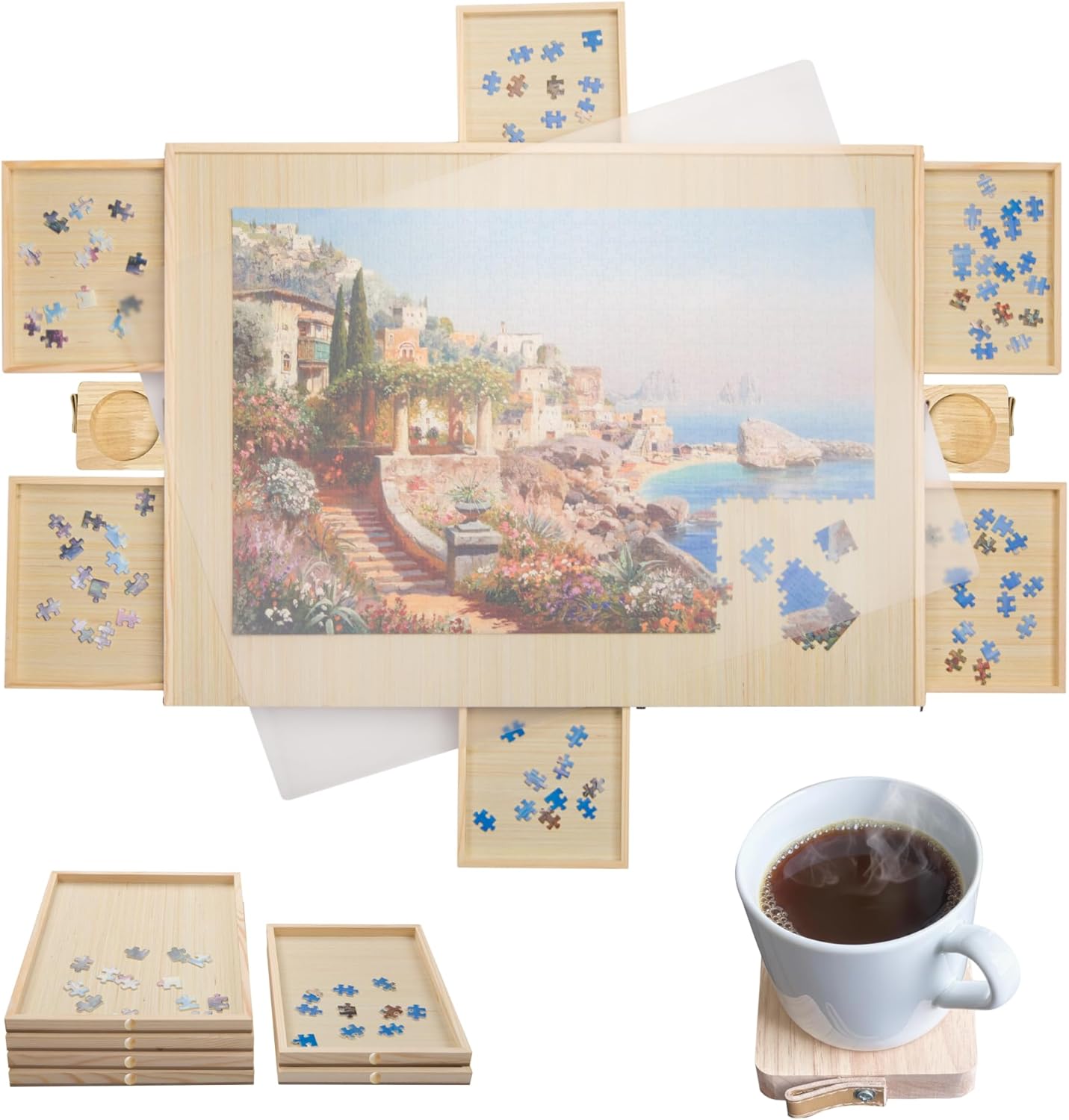 Gondola 1500 Pieces Puzzle Board with Mug Holders, 6 Drawers and Cover, Sturdy Jigsaw Puzzle Table Tray, 26"x35" Portable Wooden Jigsaw Puzzles Accessories, Jig Saw Home Holder Organizer Boards