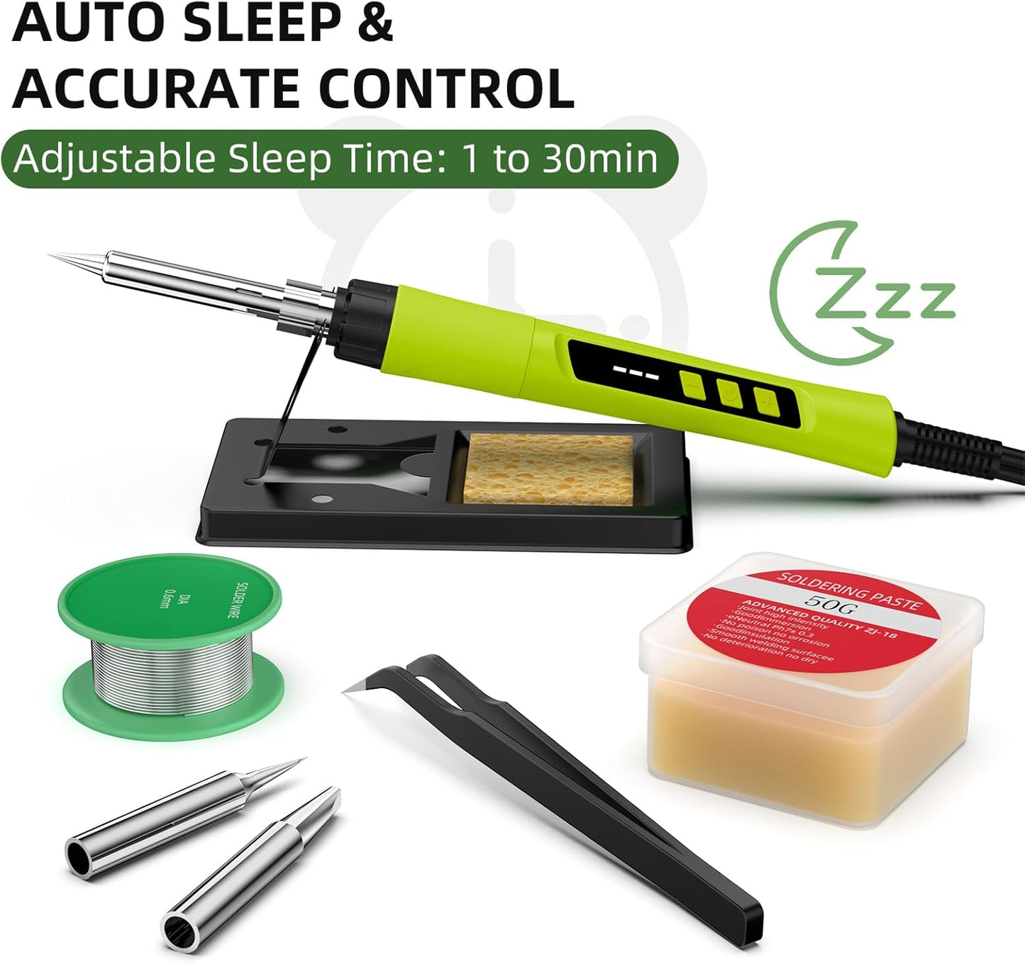 Soldering Iron Kit, 190W Soldering Gun, 110V LED Solder Kit for Electronics, Adjustable Temperature 356-932℉, Includes Solder Wire, Sucker, Tips, Stand, Tweezers, Paste and Solid Wood Box, Green